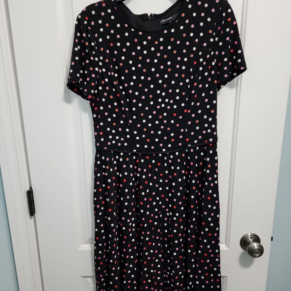 Maggie London black dress with pink and white polka dots.
